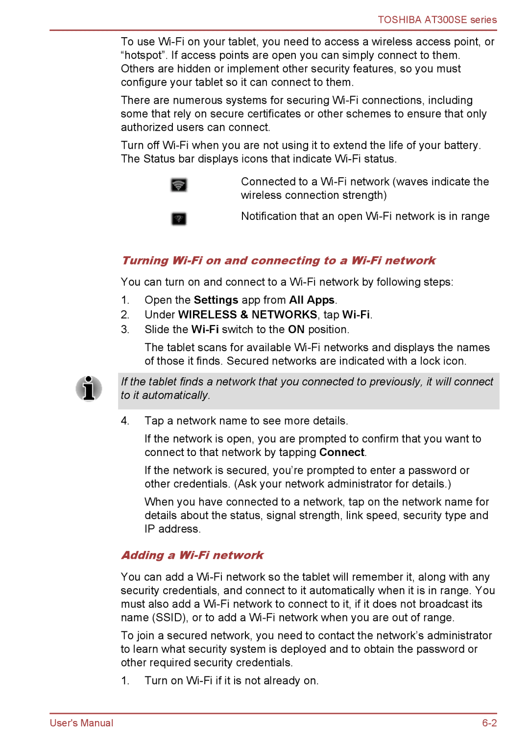 Toshiba AT300SE user manual Turning Wi-Fi on and connecting to a Wi-Fi network, Under Wireless & NETWORKS, tap Wi-Fi 