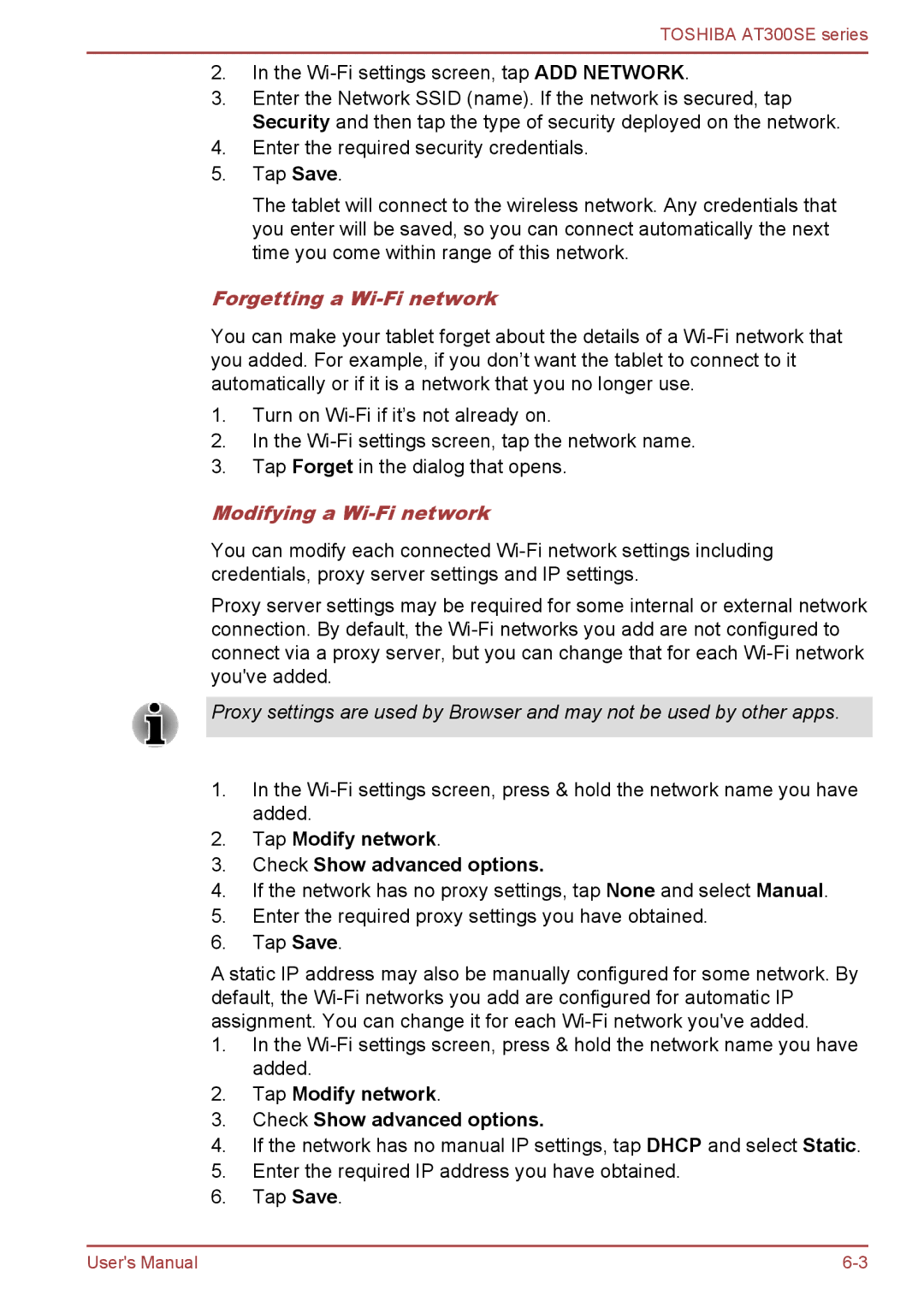 Toshiba AT300SE Forgetting a Wi-Fi network, Modifying a Wi-Fi network, Tap Modify network Check Show advanced options 