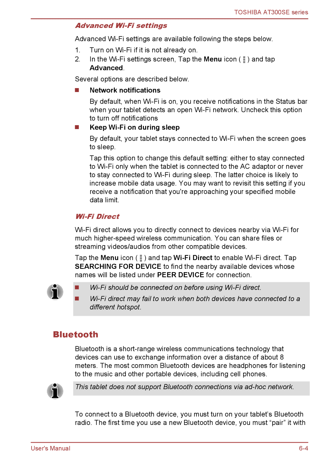 Toshiba AT300SE Bluetooth, Advanced Wi-Fi settings, Network notifications, Keep Wi-Fi on during sleep, Wi-Fi Direct 