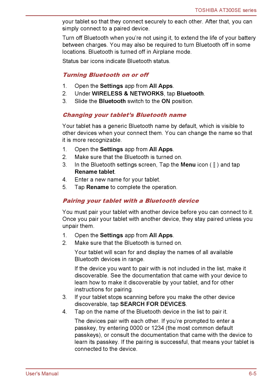 Toshiba AT300SE user manual Turning Bluetooth on or off, Under Wireless & NETWORKS, tap Bluetooth 