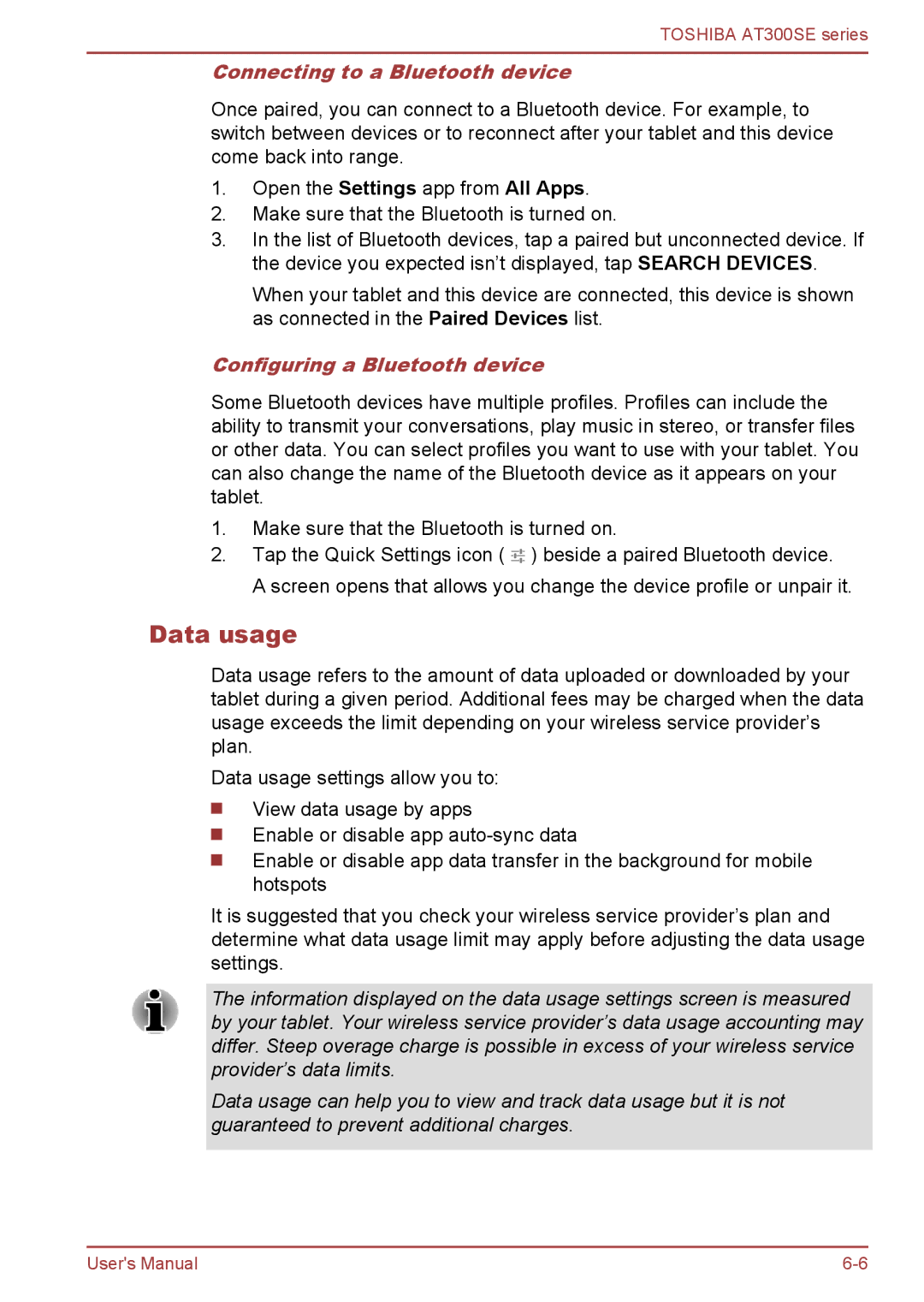 Toshiba AT300SE user manual Data usage, Connecting to a Bluetooth device, Configuring a Bluetooth device 