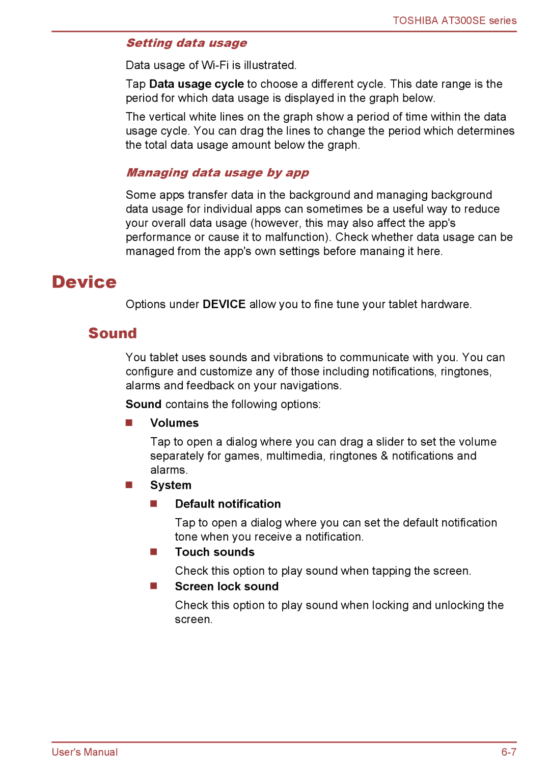 Toshiba AT300SE user manual Device, Sound, Setting data usage, Managing data usage by app 