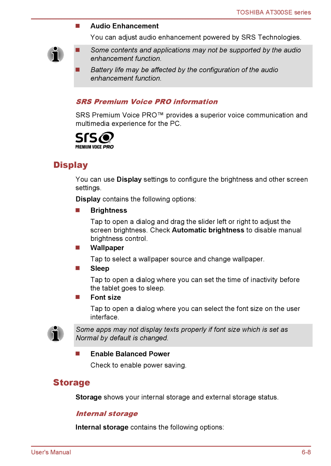 Toshiba AT300SE user manual Storage, SRS Premium Voice PRO information, Internal storage 