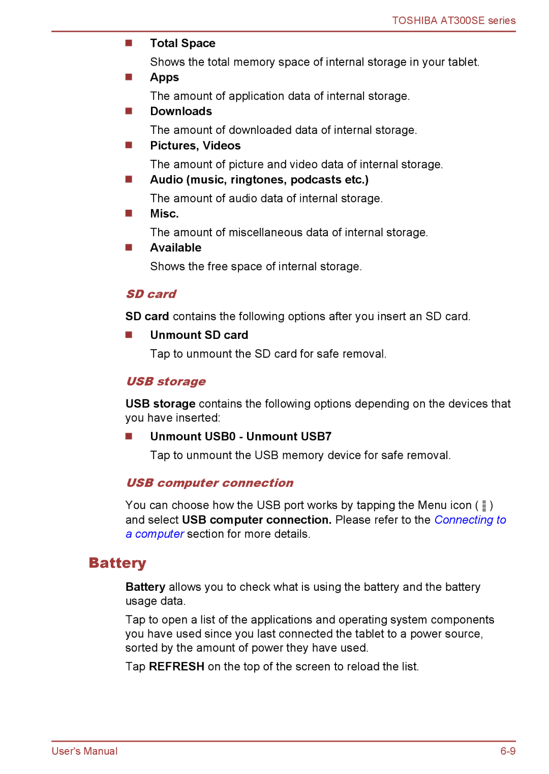 Toshiba AT300SE user manual Battery, SD card, USB storage, USB computer connection 