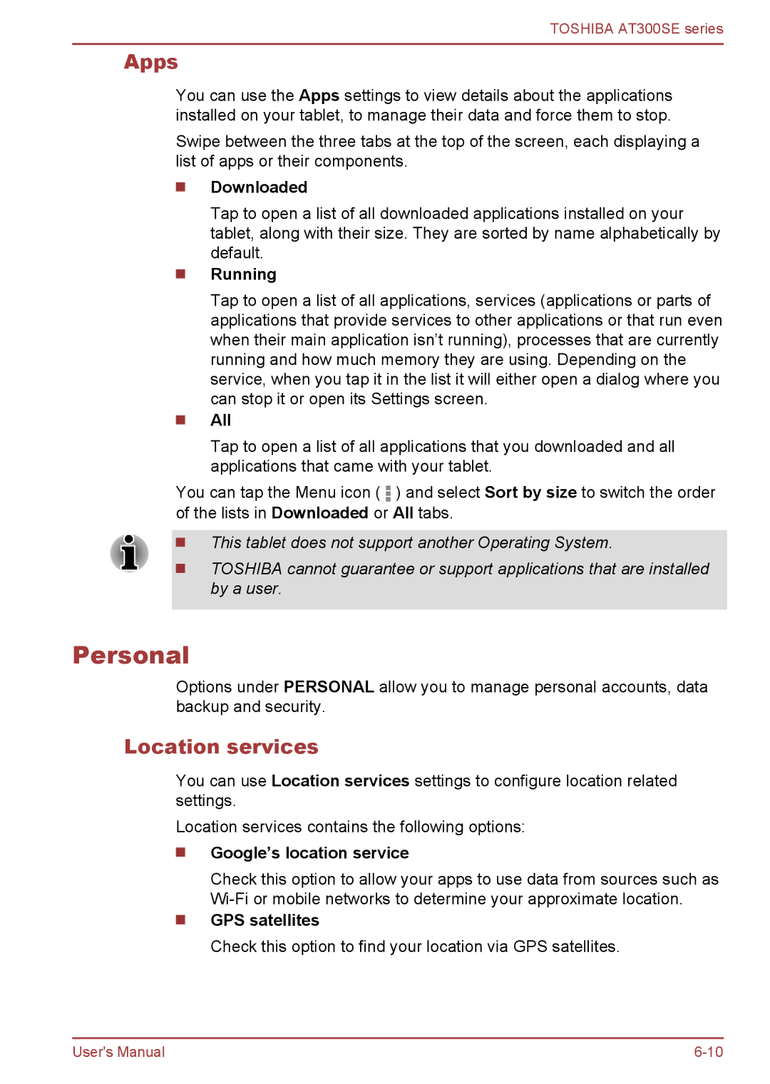 Toshiba AT300SE user manual Personal, Apps, Location services 