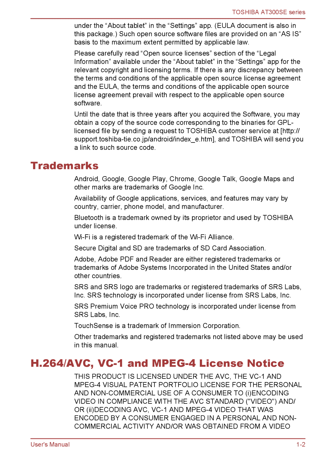 Toshiba AT300SE user manual Trademarks, 264/AVC, VC-1 and MPEG-4 License Notice 