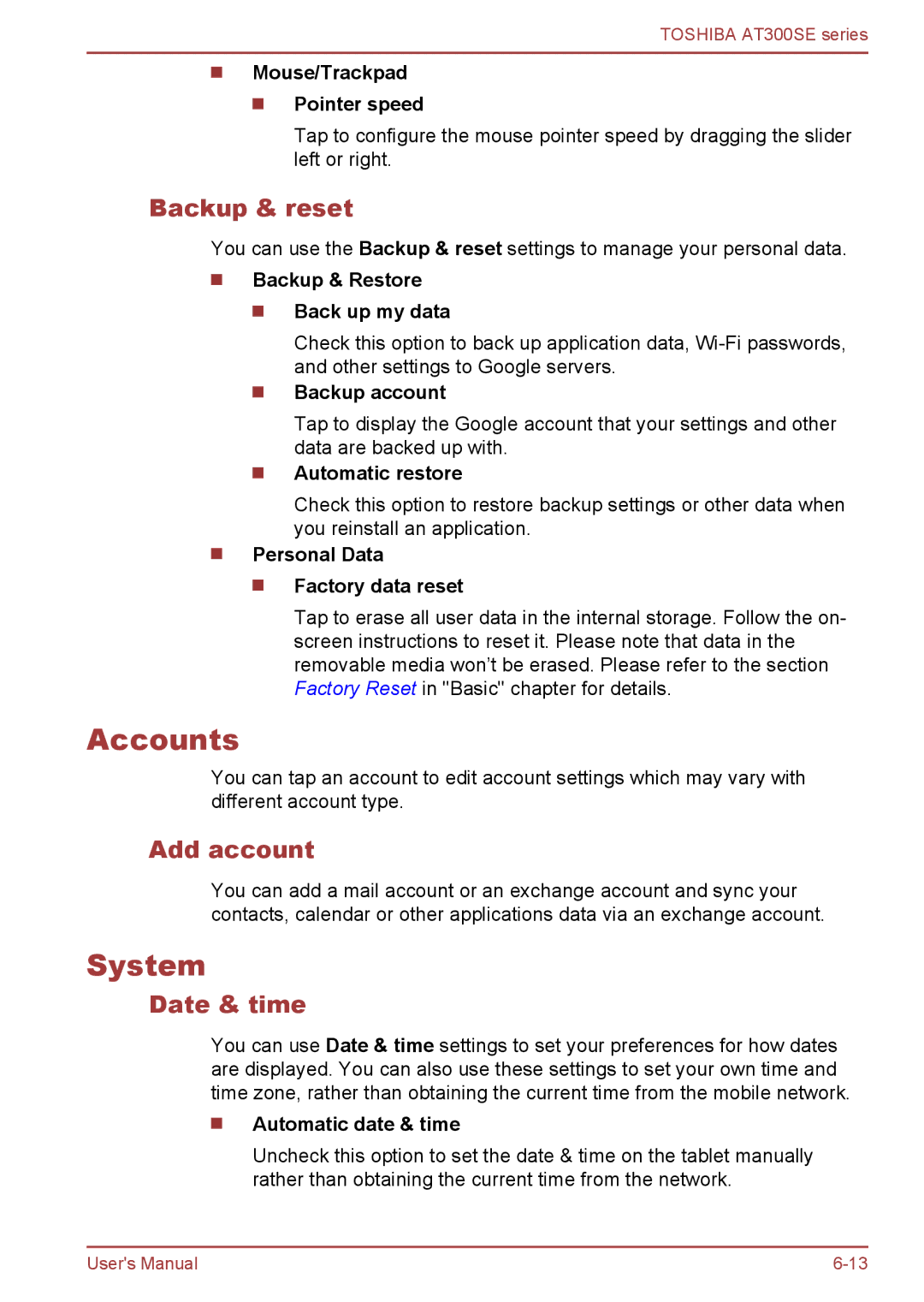 Toshiba AT300SE user manual Accounts, System, Backup & reset, Add account, Date & time 