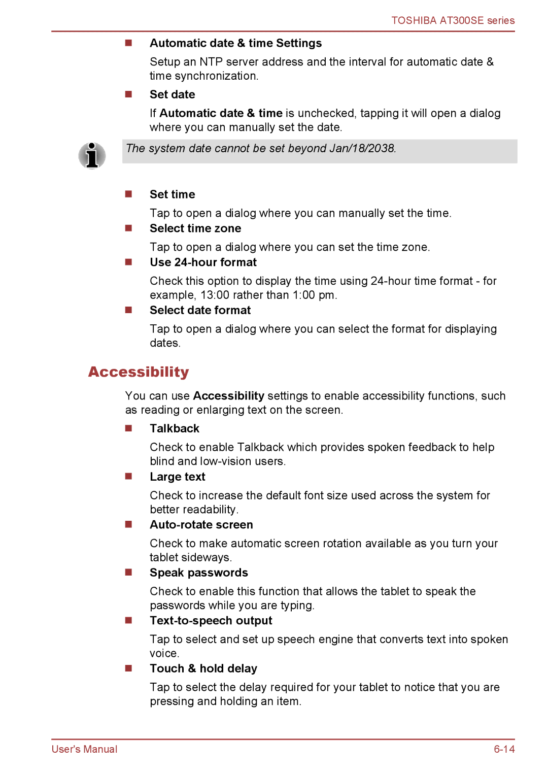 Toshiba AT300SE user manual Accessibility 