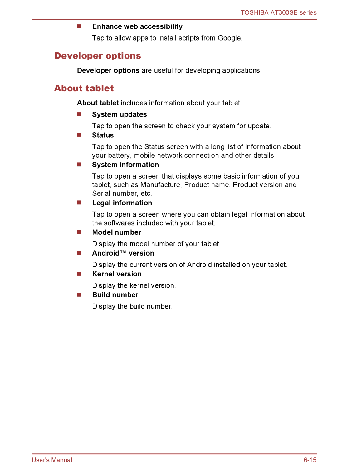 Toshiba AT300SE user manual Developer options, About tablet 