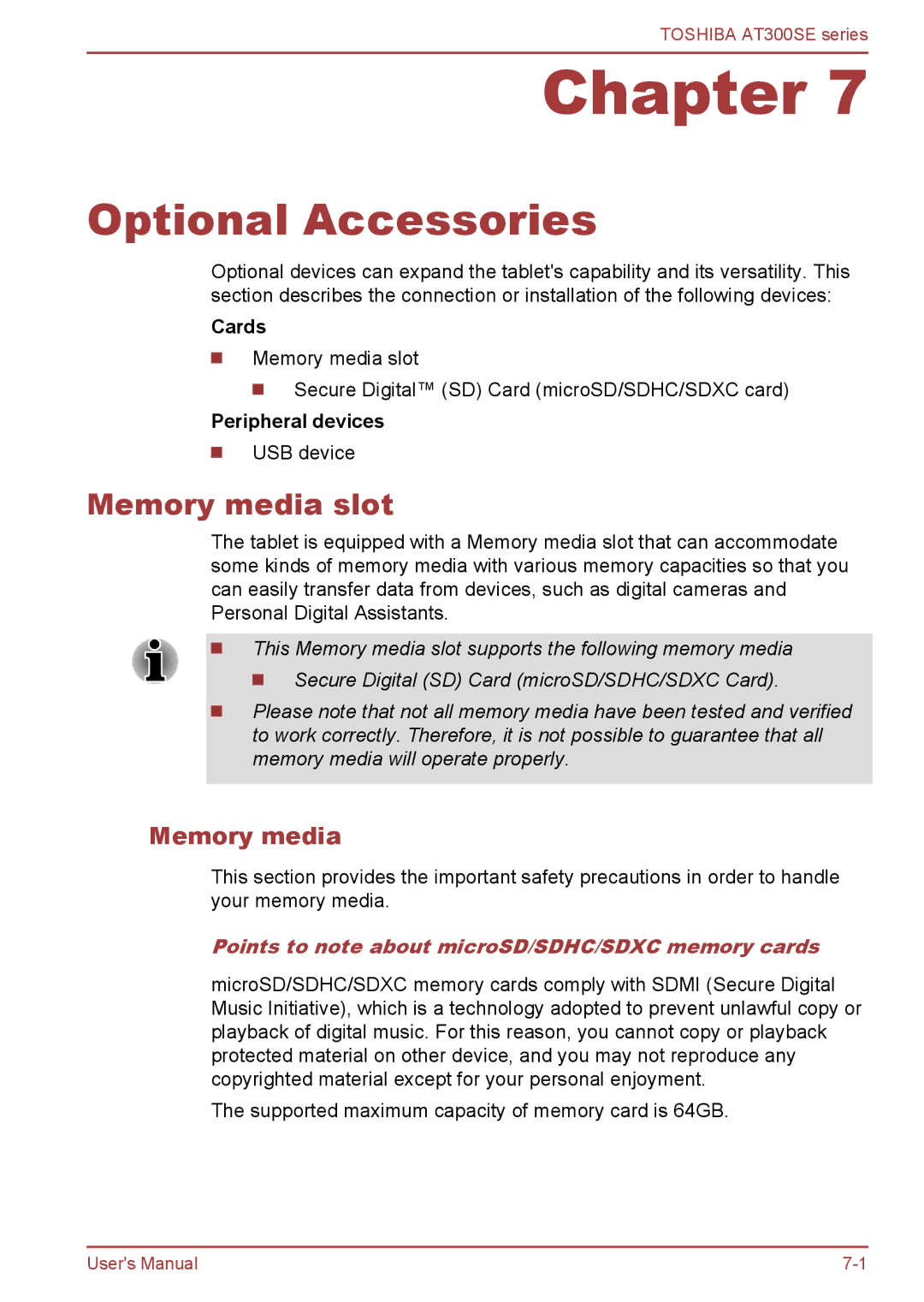 Toshiba AT300SE user manual Optional Accessories, Memory media slot, Points to note about microSD/SDHC/SDXC memory cards 