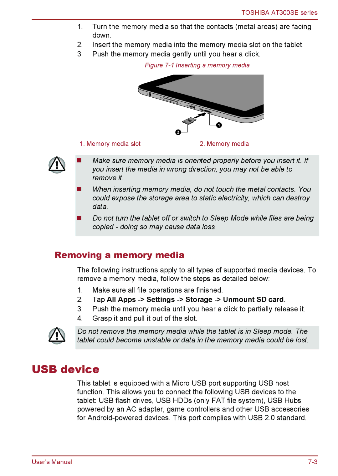 Toshiba AT300SE user manual USB device, Removing a memory media, Tap All Apps Settings Storage Unmount SD card 