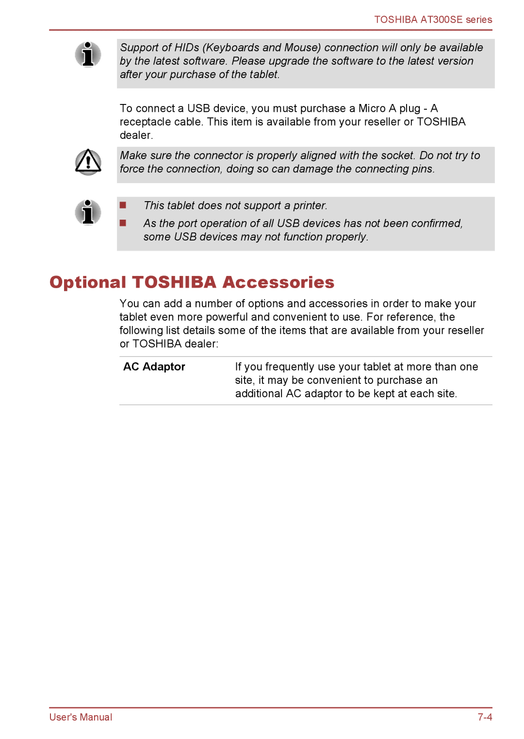 Toshiba AT300SE user manual Optional Toshiba Accessories, AC Adaptor 