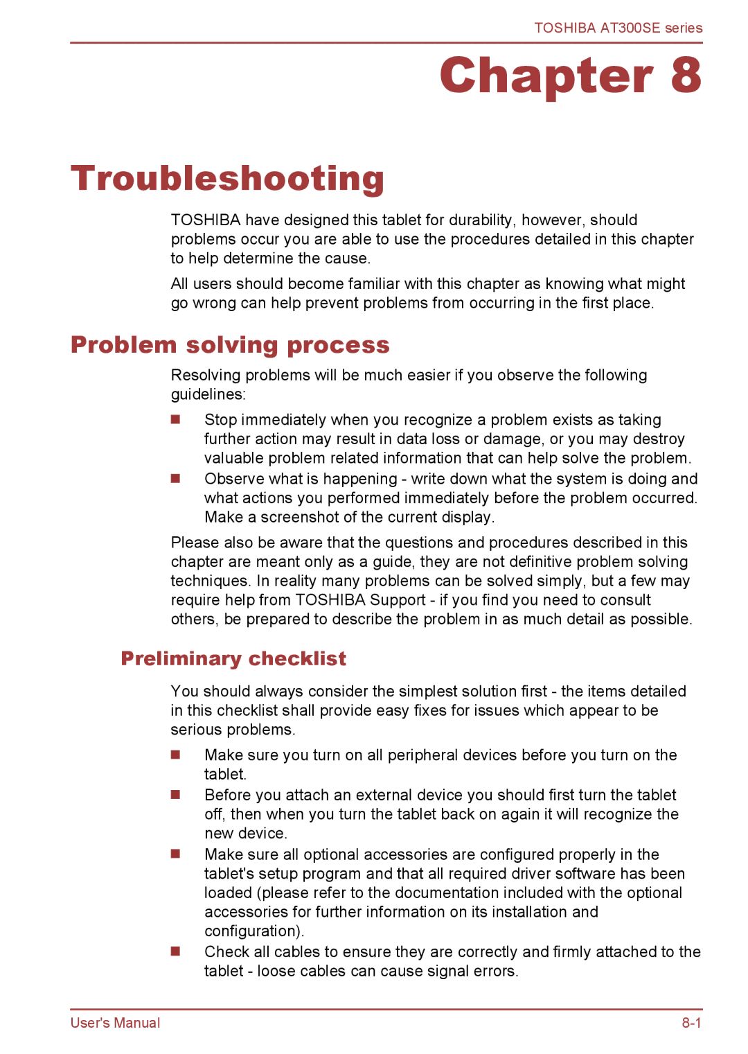 Toshiba AT300SE user manual Troubleshooting, Problem solving process, Preliminary checklist 