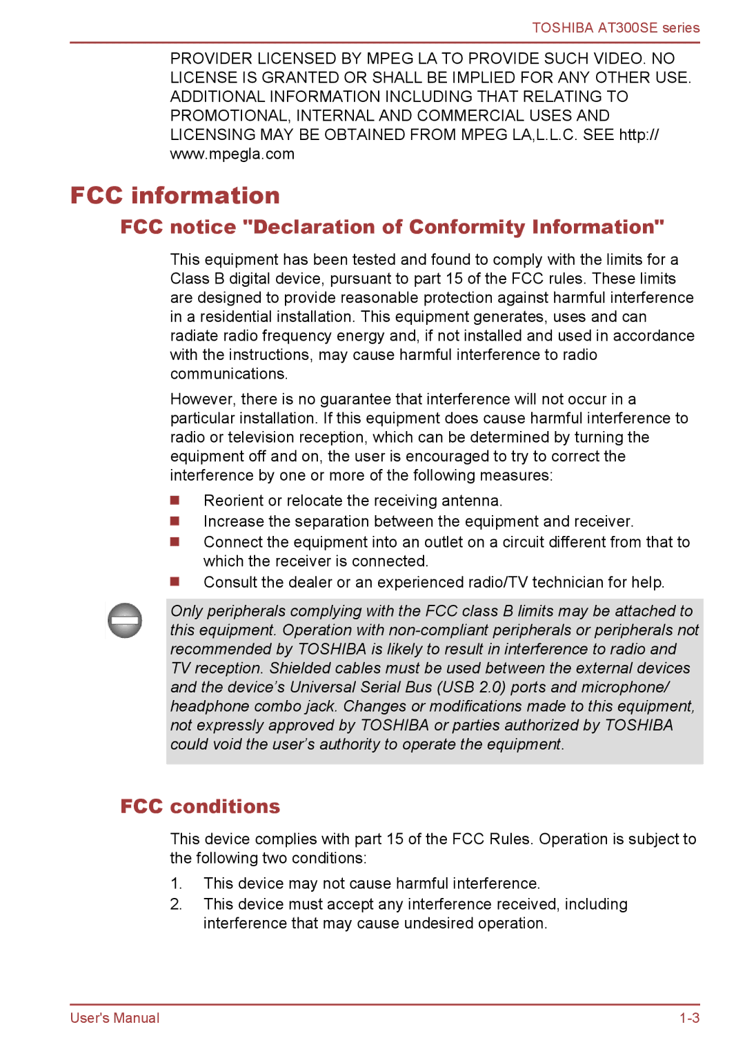 Toshiba AT300SE user manual FCC information, FCC notice Declaration of Conformity Information, FCC conditions 