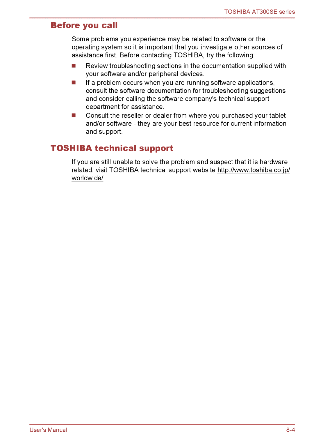 Toshiba AT300SE user manual Before you call, Toshiba technical support 