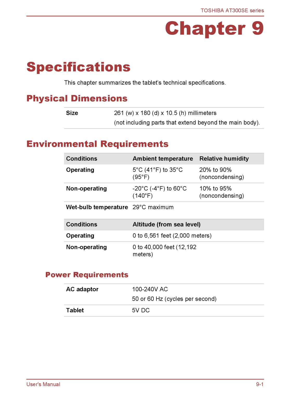 Toshiba AT300SE user manual Specifications, Physical Dimensions, Environmental Requirements, Power Requirements 