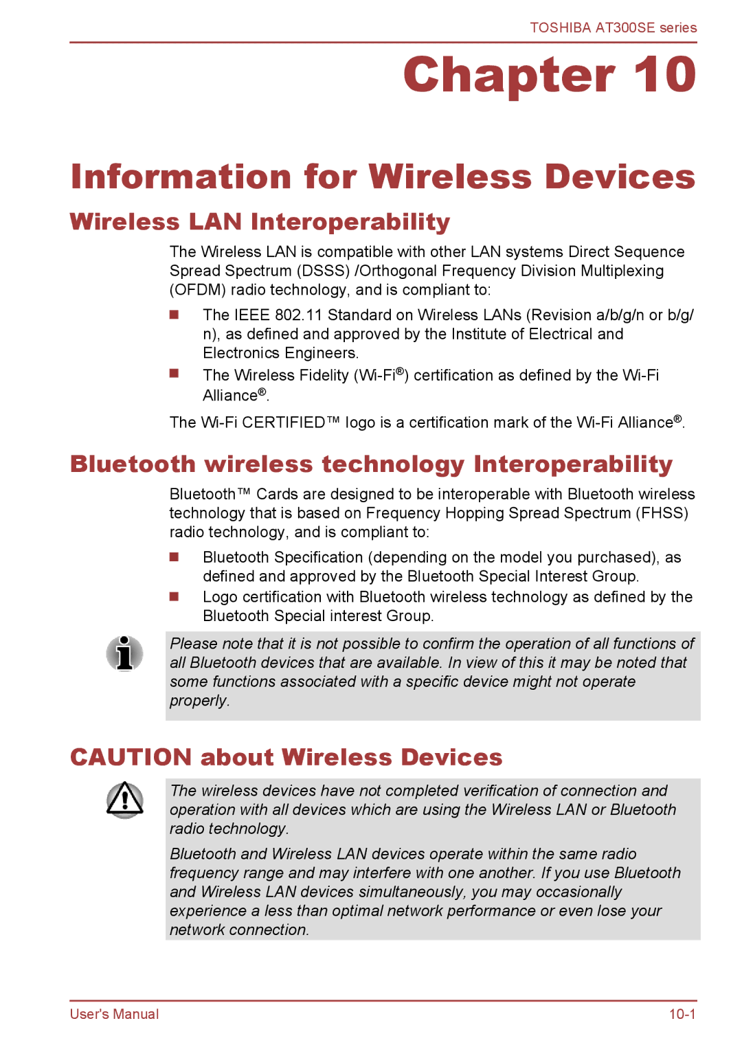 Toshiba AT300SE user manual Information for Wireless Devices, Wireless LAN Interoperability 