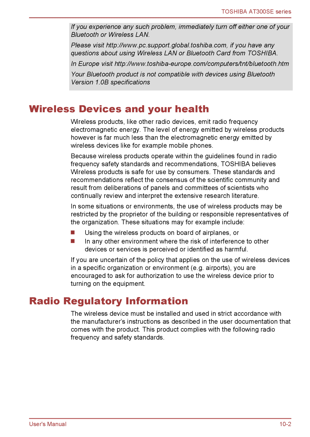 Toshiba AT300SE user manual Wireless Devices and your health, Radio Regulatory Information 