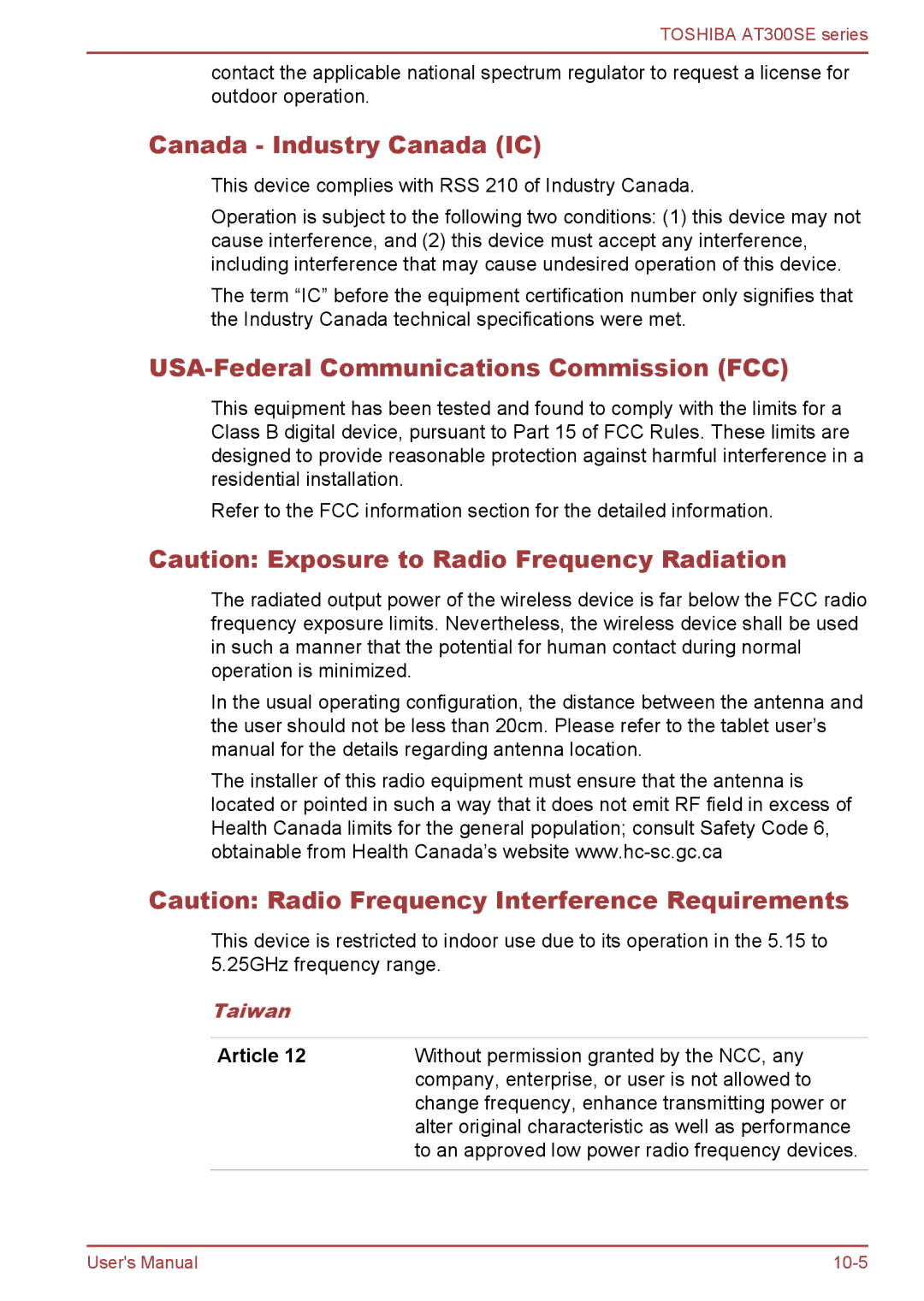 Toshiba AT300SE user manual Canada Industry Canada IC, USA-Federal Communications Commission FCC, Taiwan, Article 