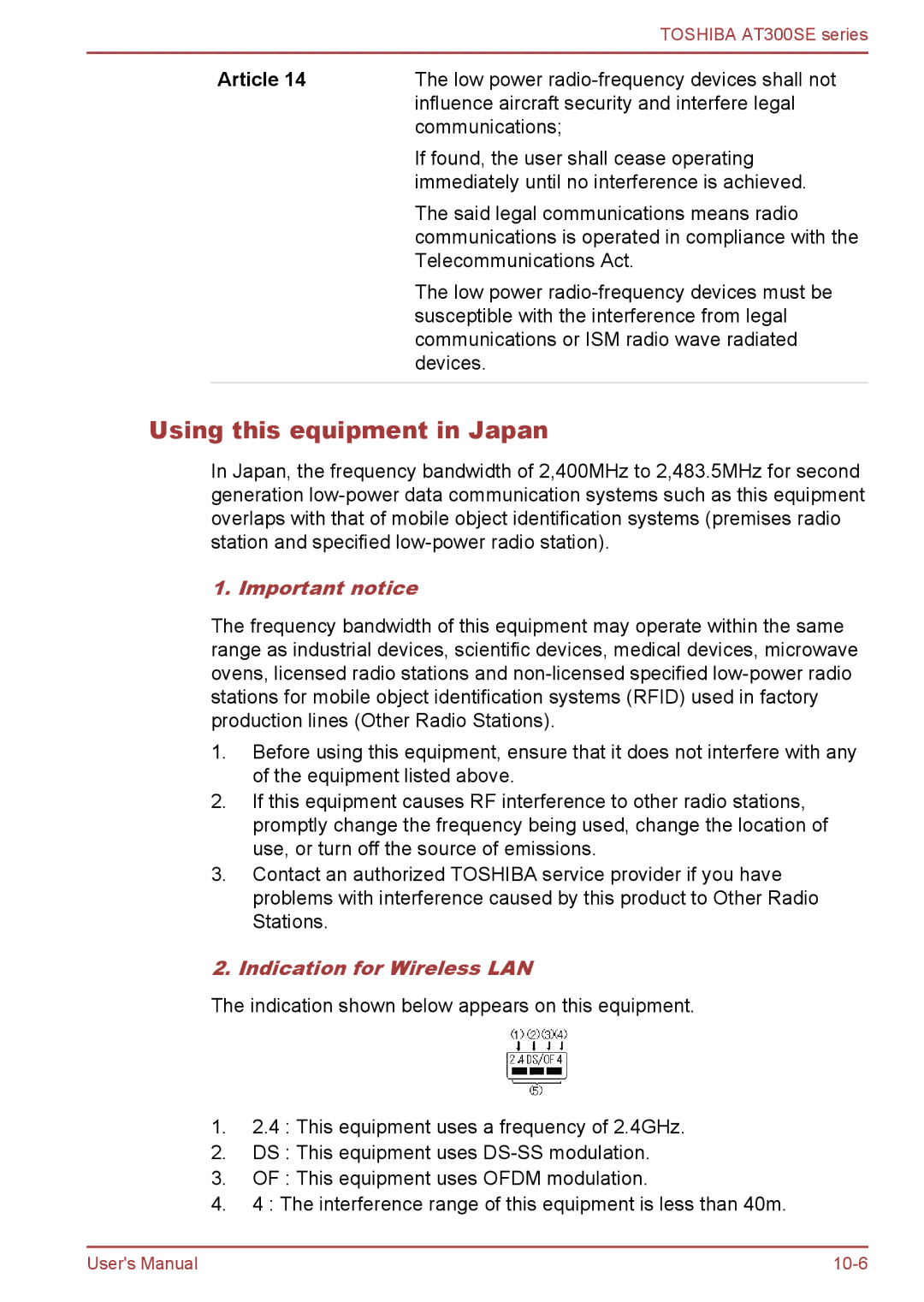 Toshiba AT300SE user manual Using this equipment in Japan, Important notice, Indication for Wireless LAN 