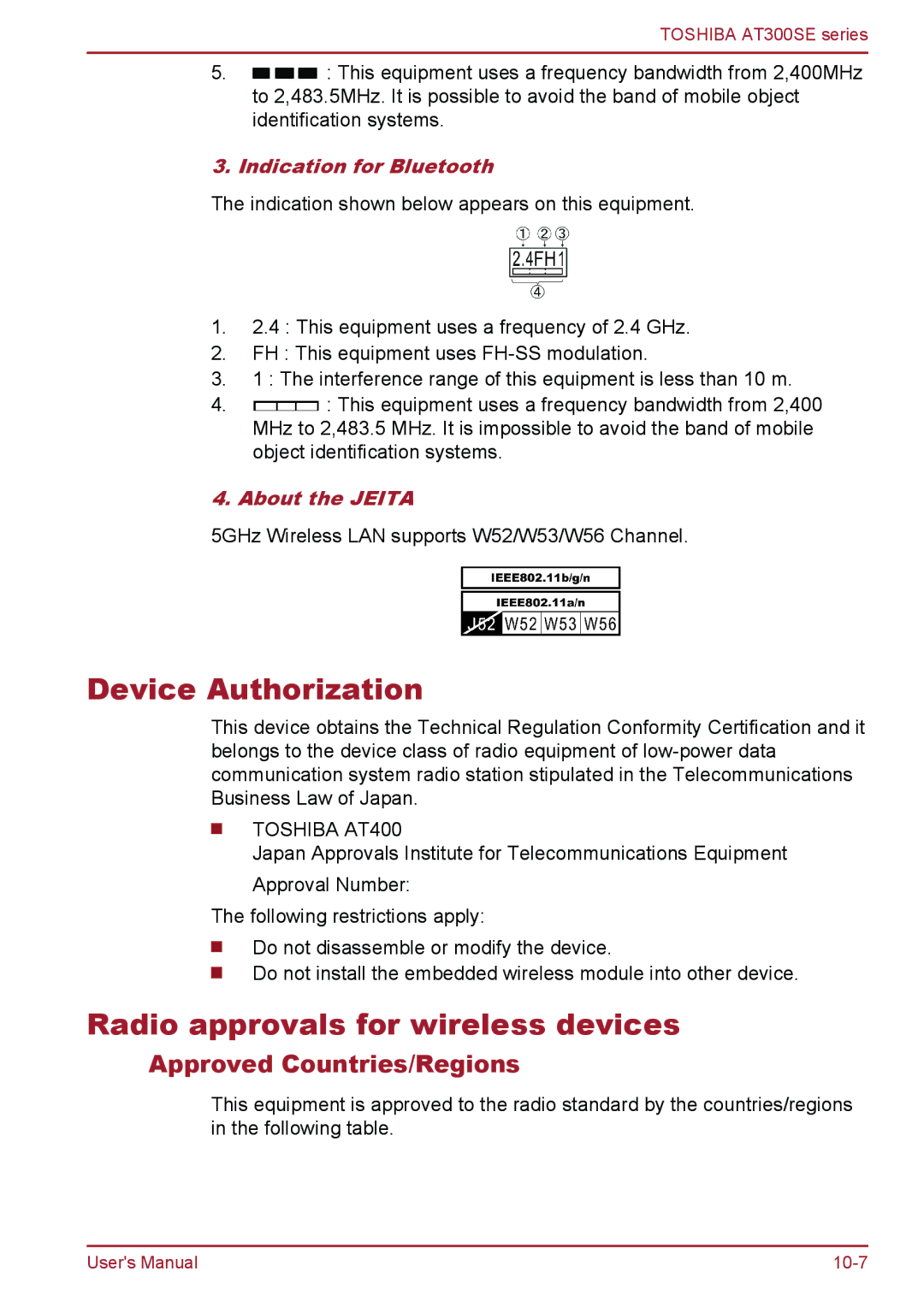 Toshiba AT300SE Device Authorization, Radio approvals for wireless devices, Approved Countries/Regions, About the Jeita 