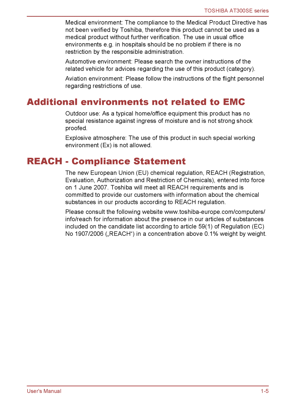 Toshiba AT300SE user manual Additional environments not related to EMC, Reach Compliance Statement 