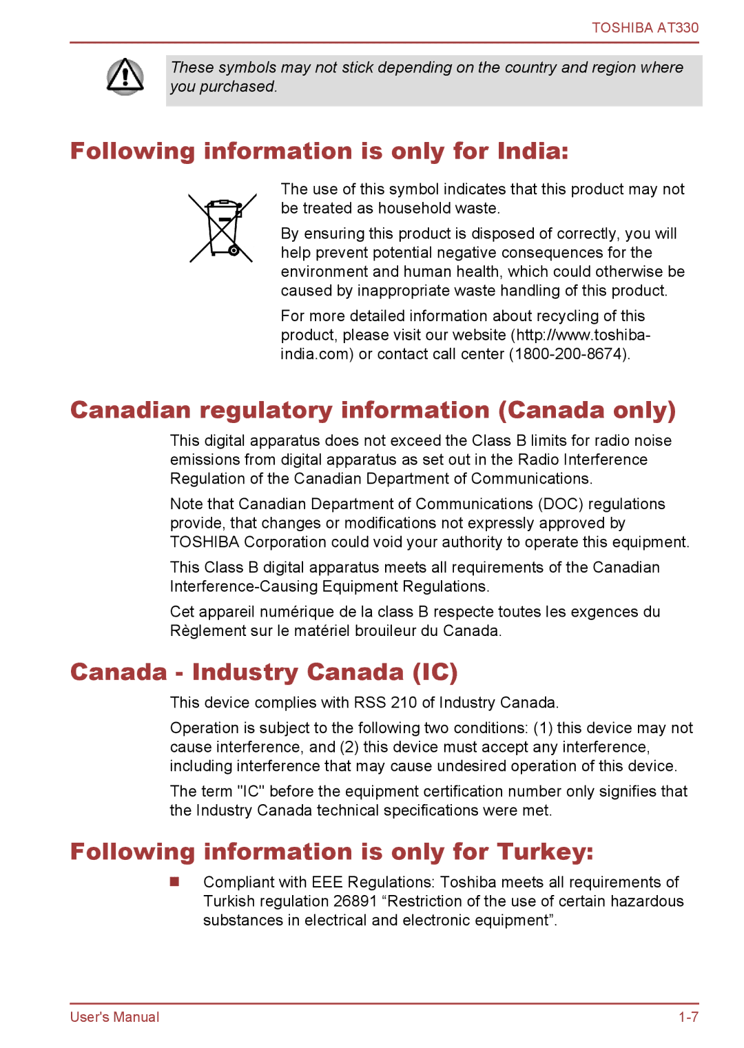 Toshiba at330 user manual Following information is only for India, Canadian regulatory information Canada only 