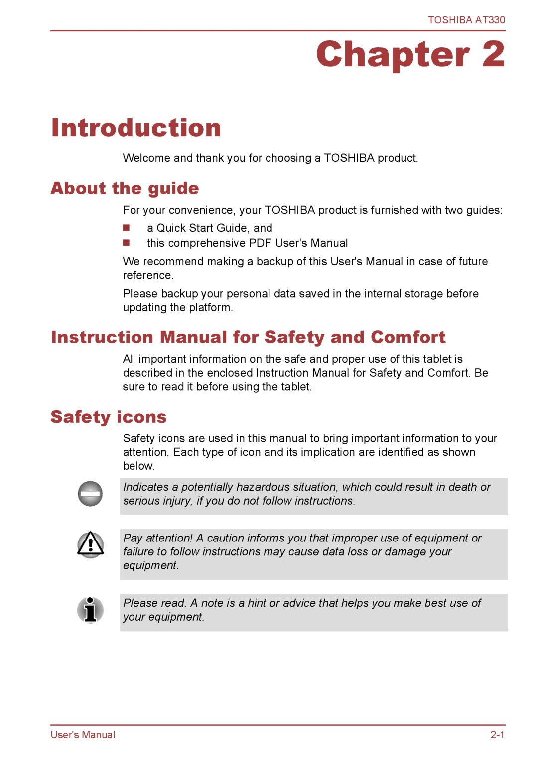 Toshiba at330 user manual Introduction, About the guide, Safety icons 