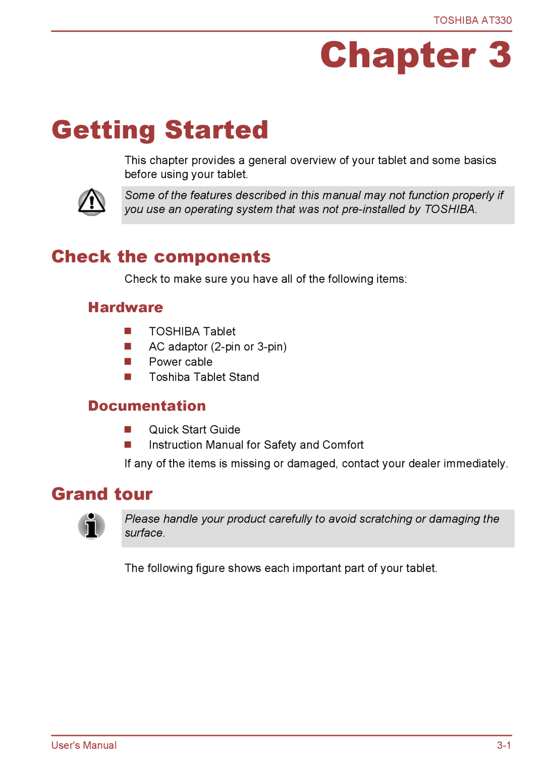 Toshiba at330 user manual Getting Started, Check the components, Grand tour, Hardware, Documentation 