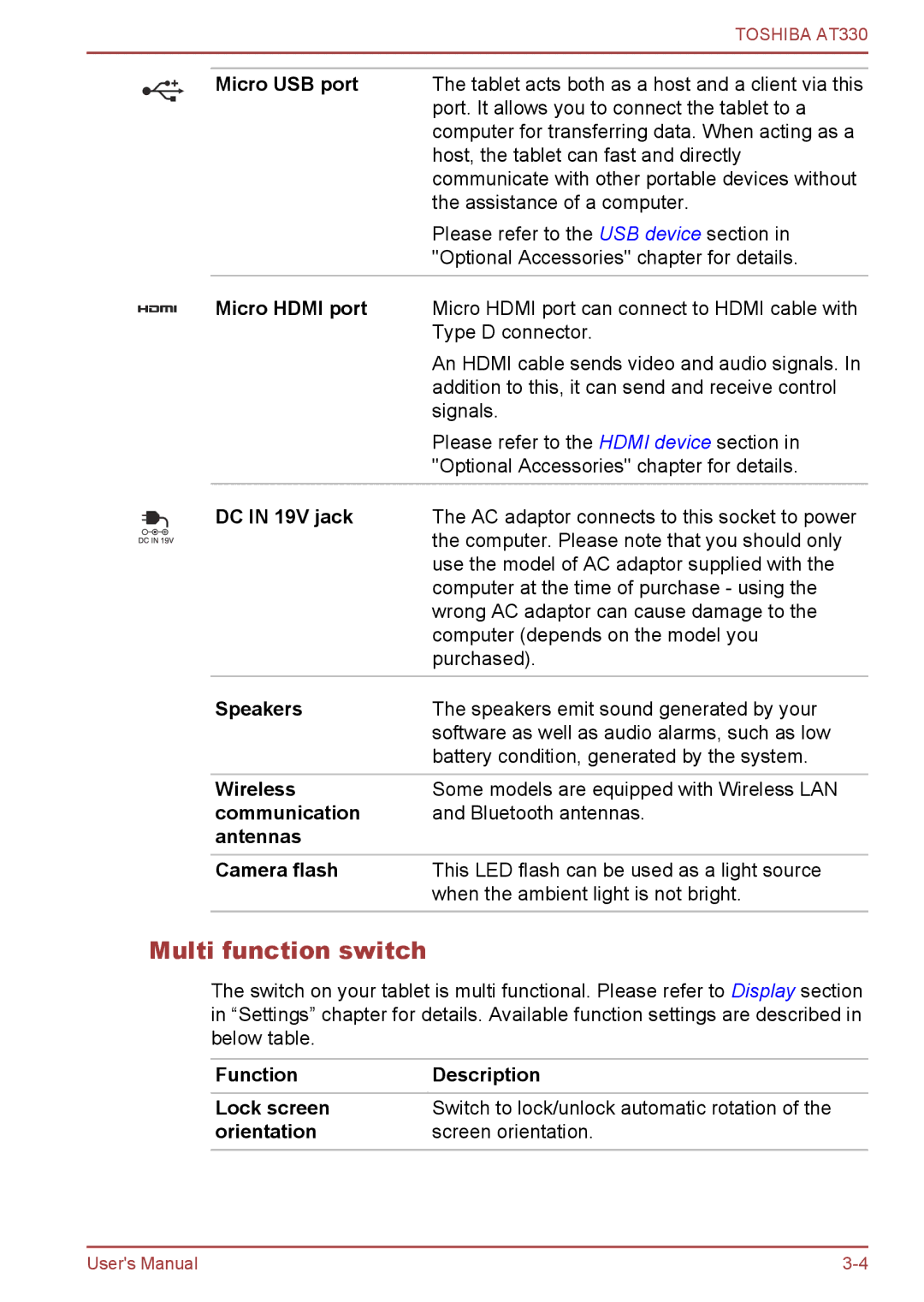 Toshiba at330 user manual Multi function switch 