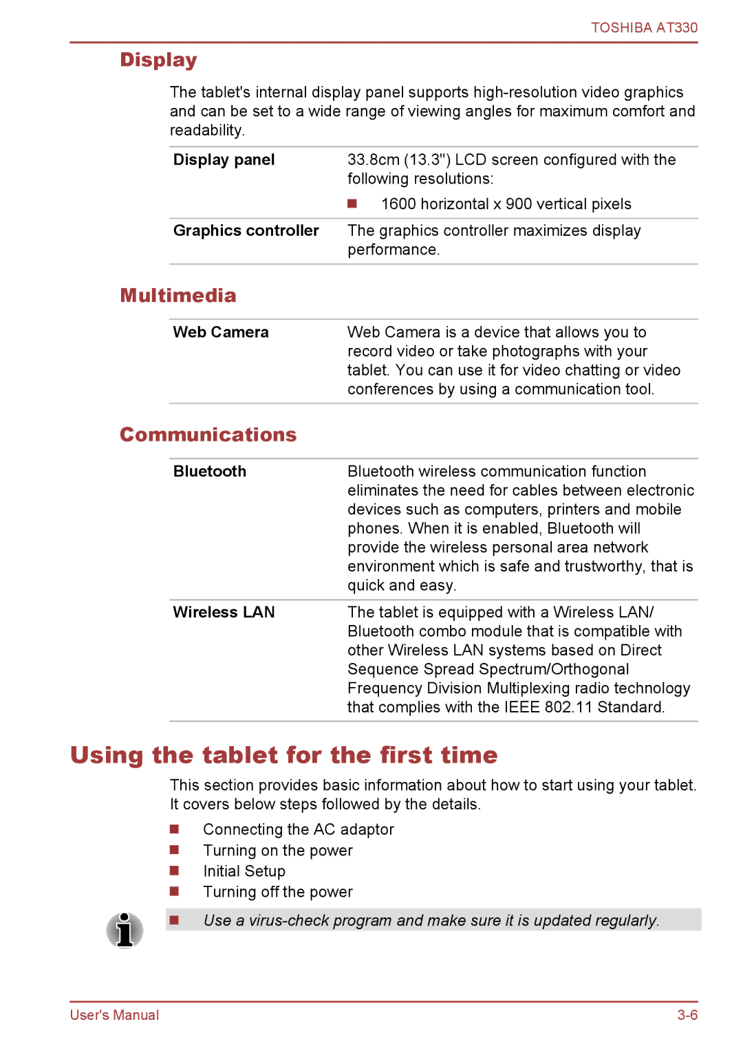 Toshiba at330 user manual Using the tablet for the first time, Display, Multimedia, Communications 