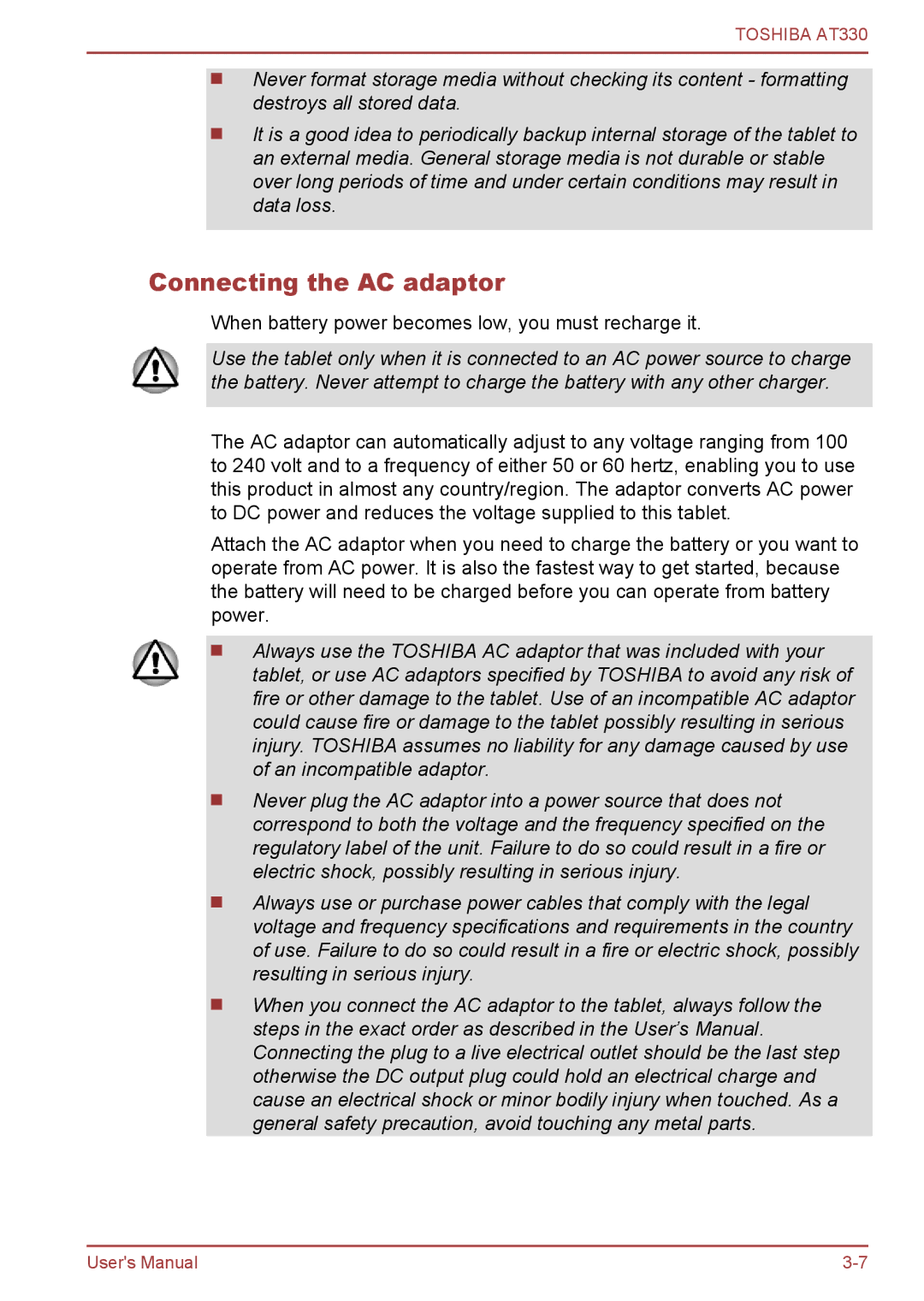 Toshiba at330 user manual Connecting the AC adaptor, When battery power becomes low, you must recharge it 