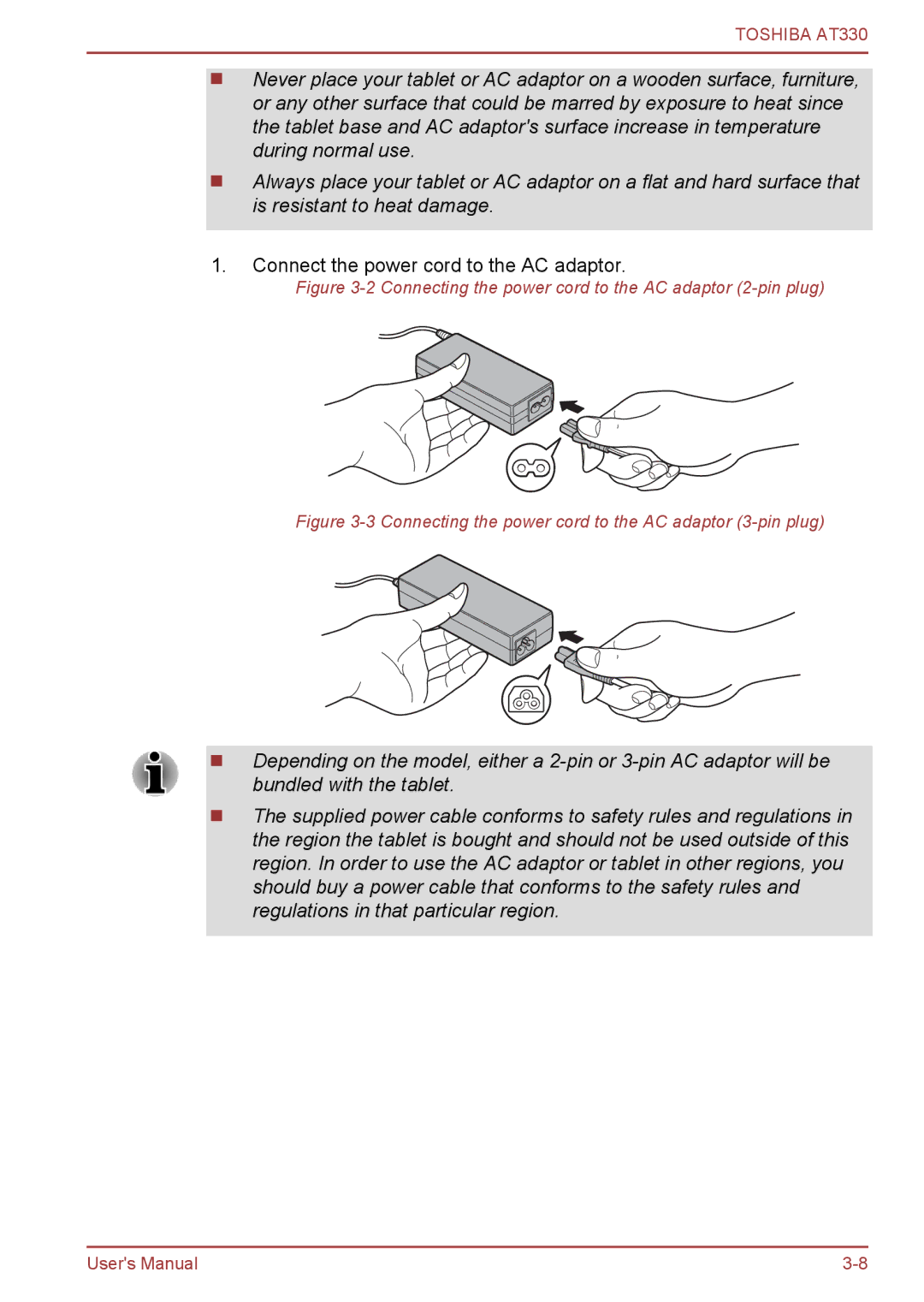 Toshiba at330 user manual Connect the power cord to the AC adaptor 