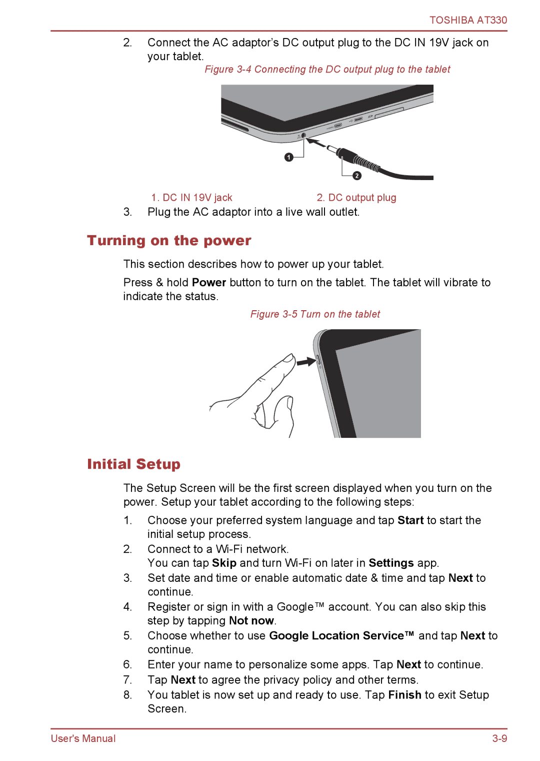 Toshiba at330 user manual Turning on the power, Initial Setup 