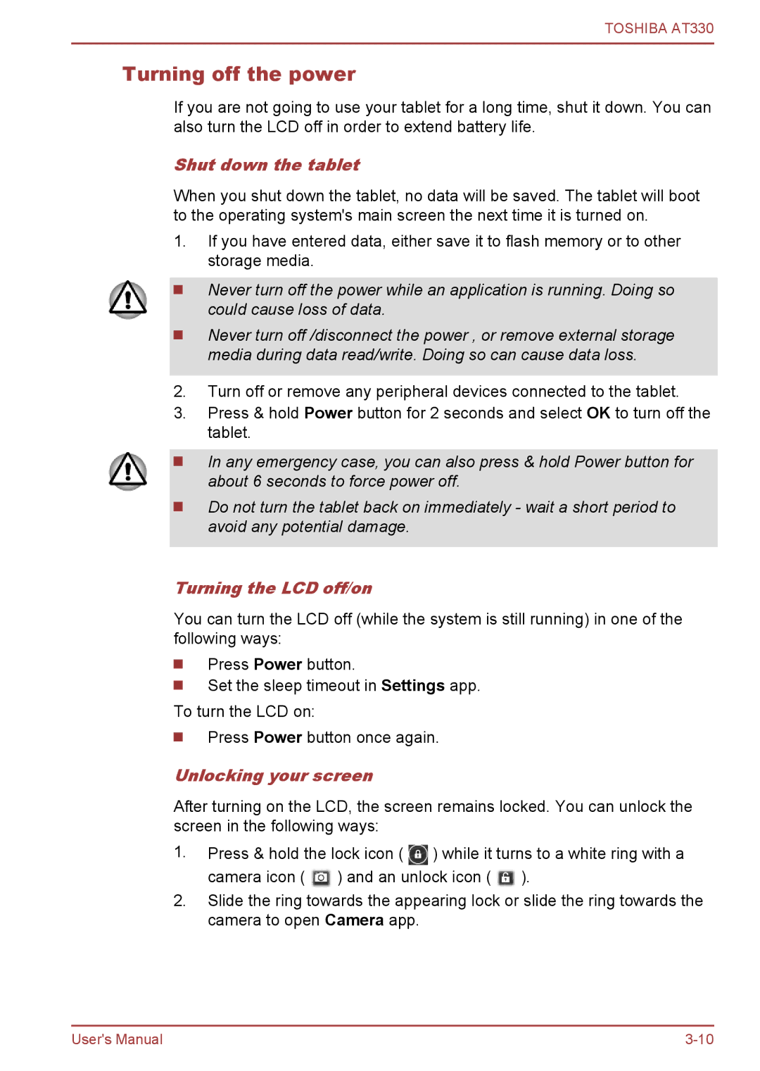 Toshiba at330 user manual Turning off the power, Shut down the tablet, Turning the LCD off/on, Unlocking your screen 