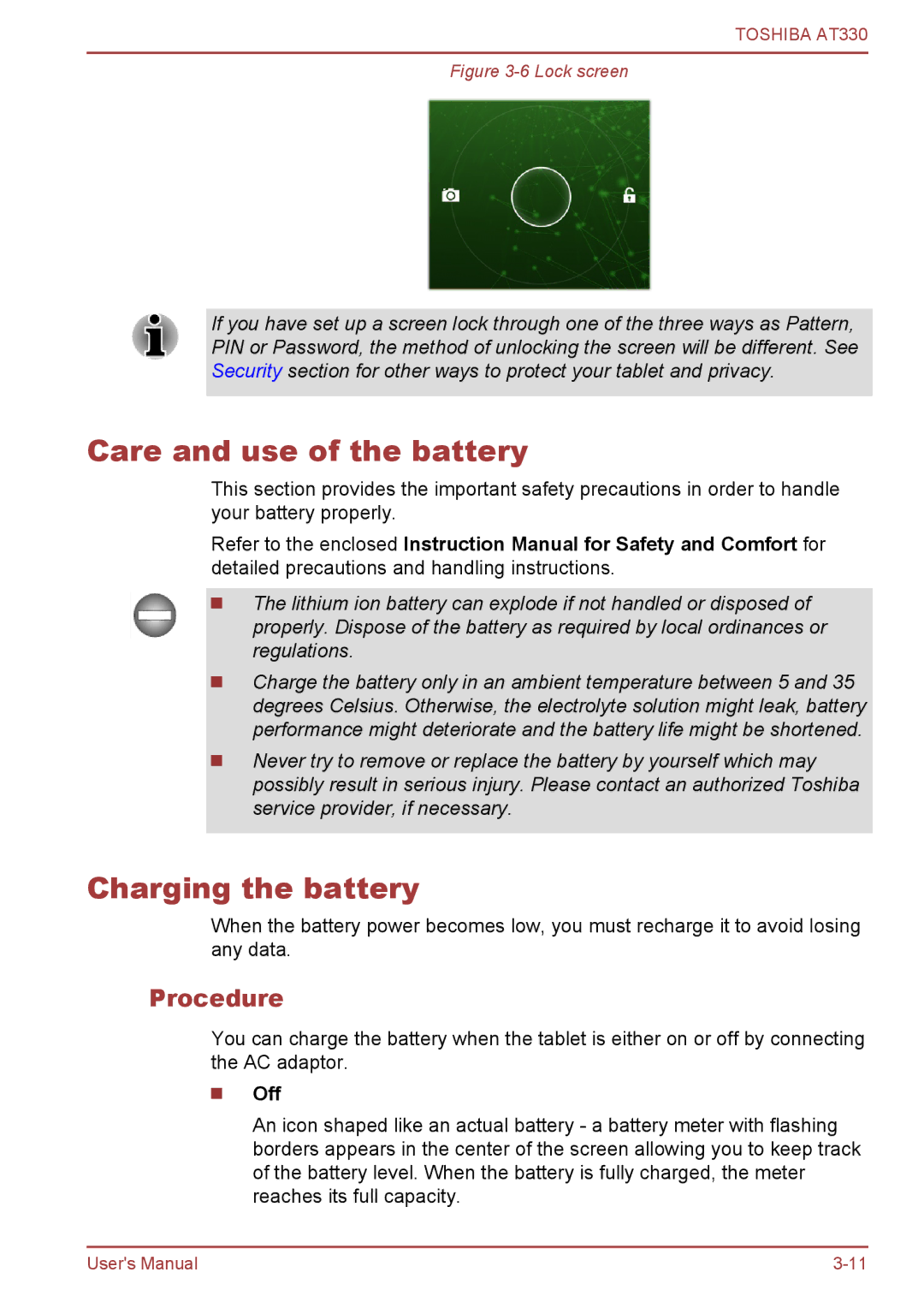 Toshiba at330 user manual Care and use of the battery, Charging the battery, Procedure, Off 