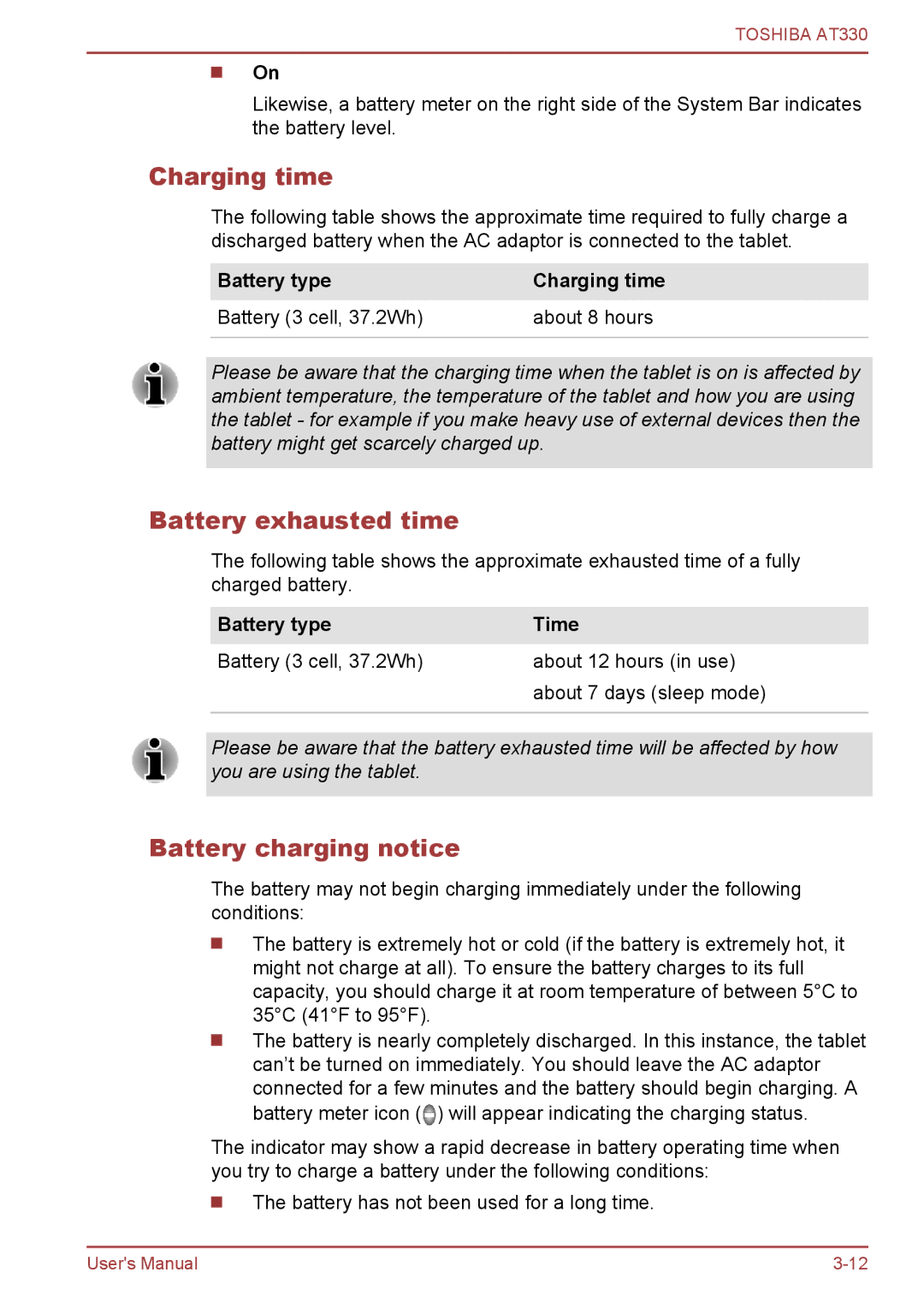 Toshiba at330 user manual Charging time, Battery exhausted time, Battery charging notice, Battery type Time 