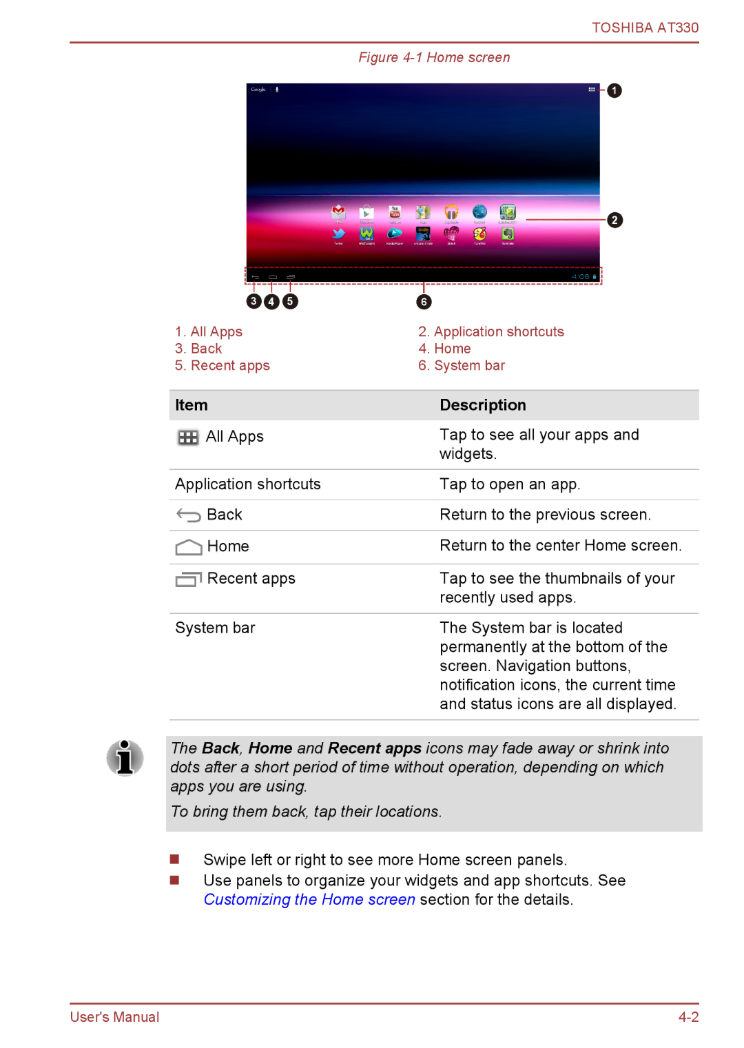 Toshiba at330 user manual Home screen 