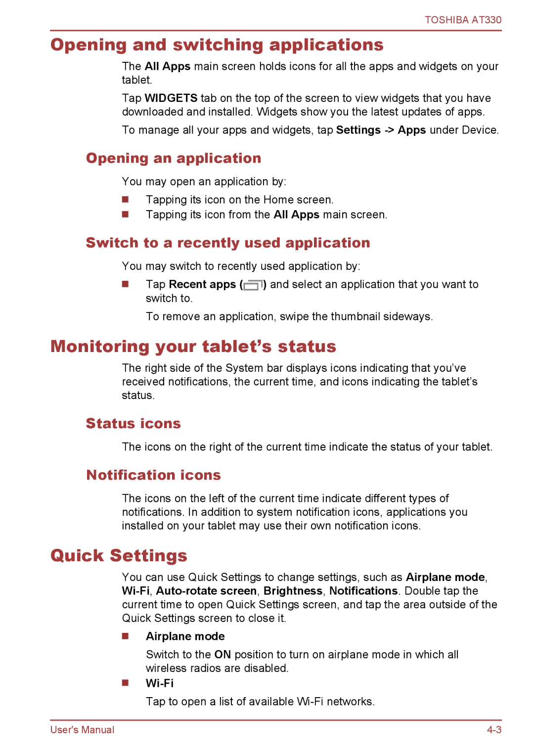 Toshiba at330 user manual Opening and switching applications, Monitoring your tablet’s status, Quick Settings 