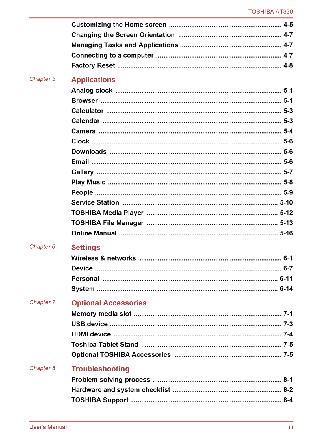 Toshiba at330 user manual Settings 