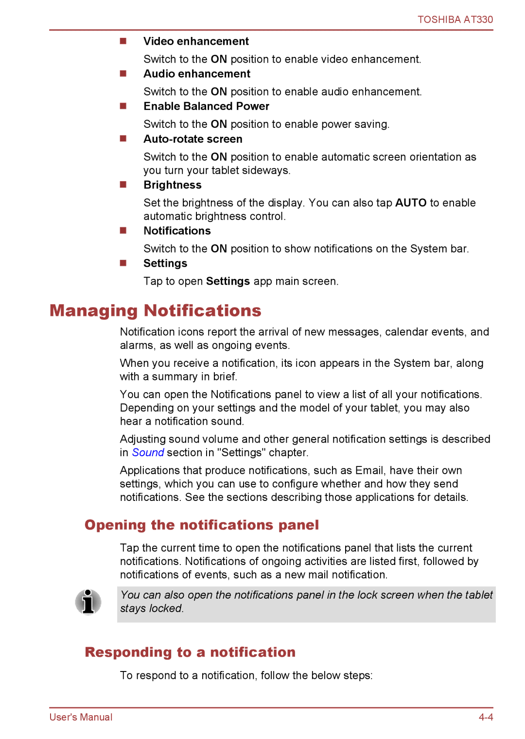 Toshiba at330 user manual Managing Notifications, Opening the notifications panel, Responding to a notification 