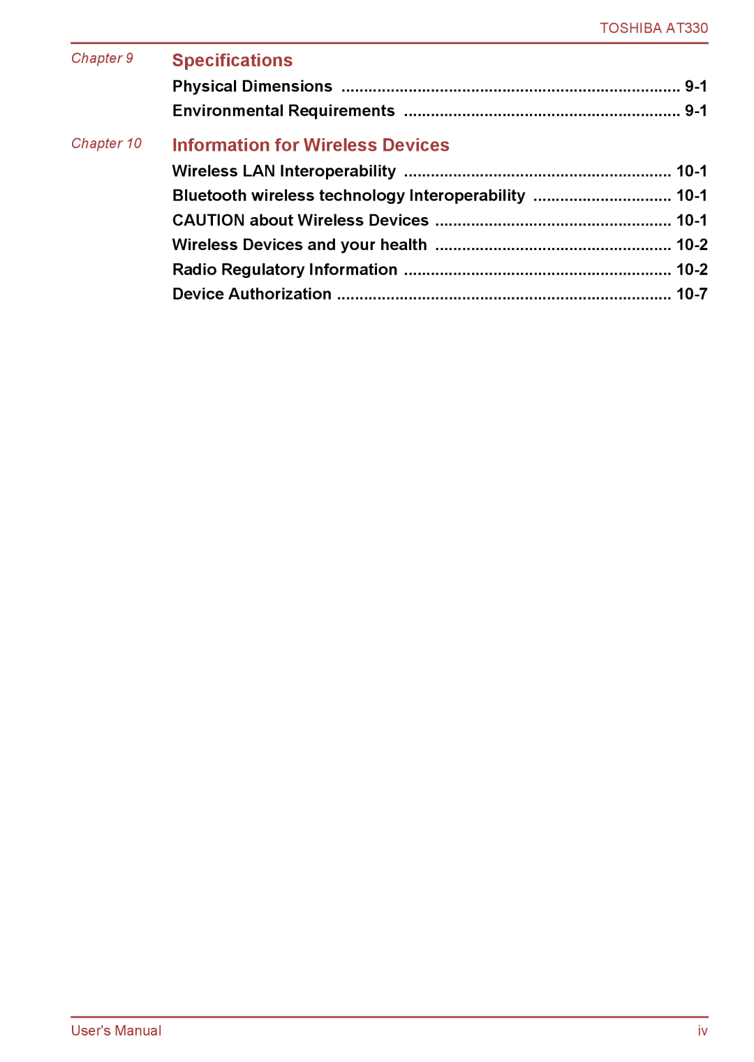 Toshiba at330 user manual 10-1, 10-2, 10-7 