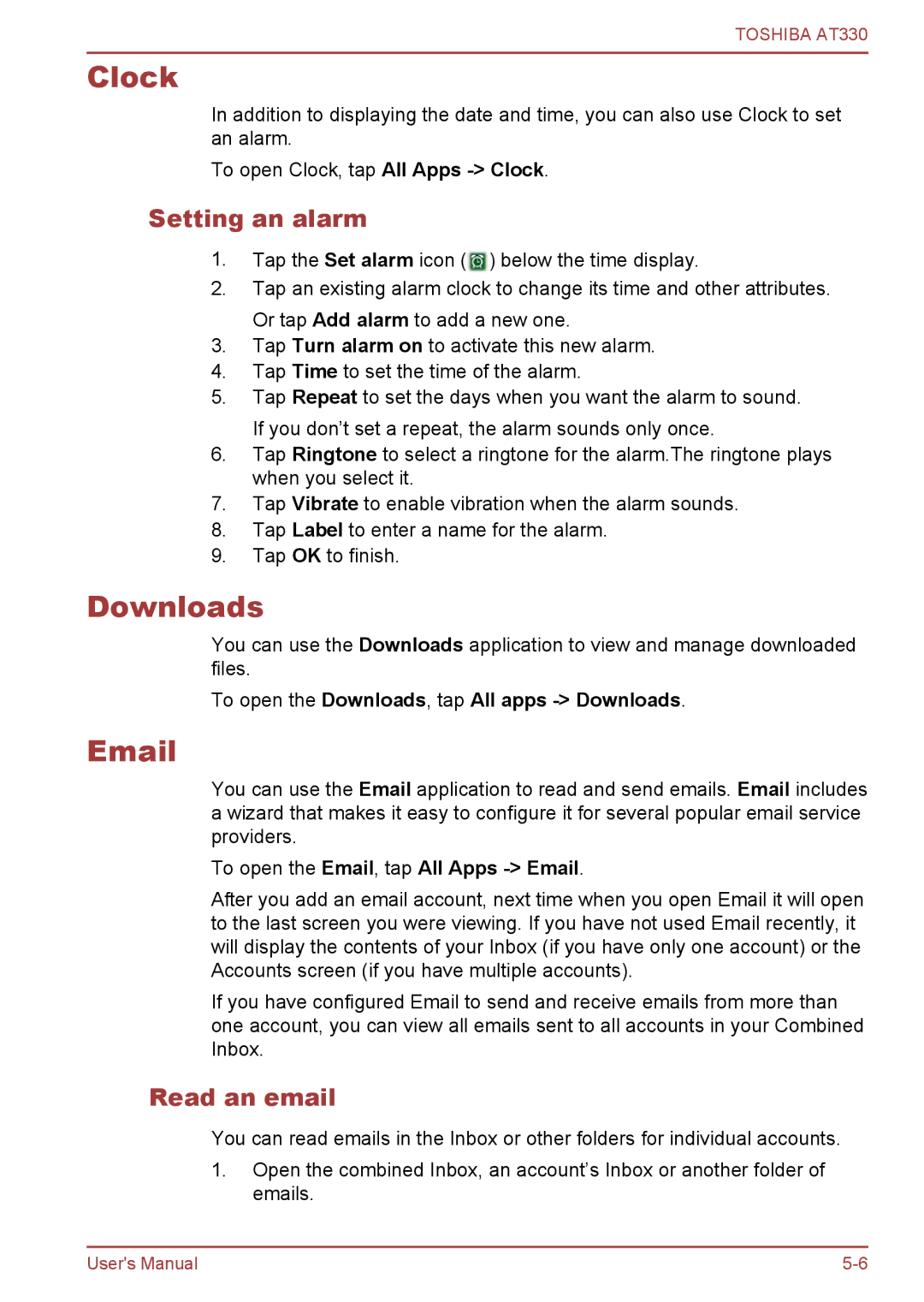 Toshiba at330 user manual Clock, Downloads, Setting an alarm, Read an email 