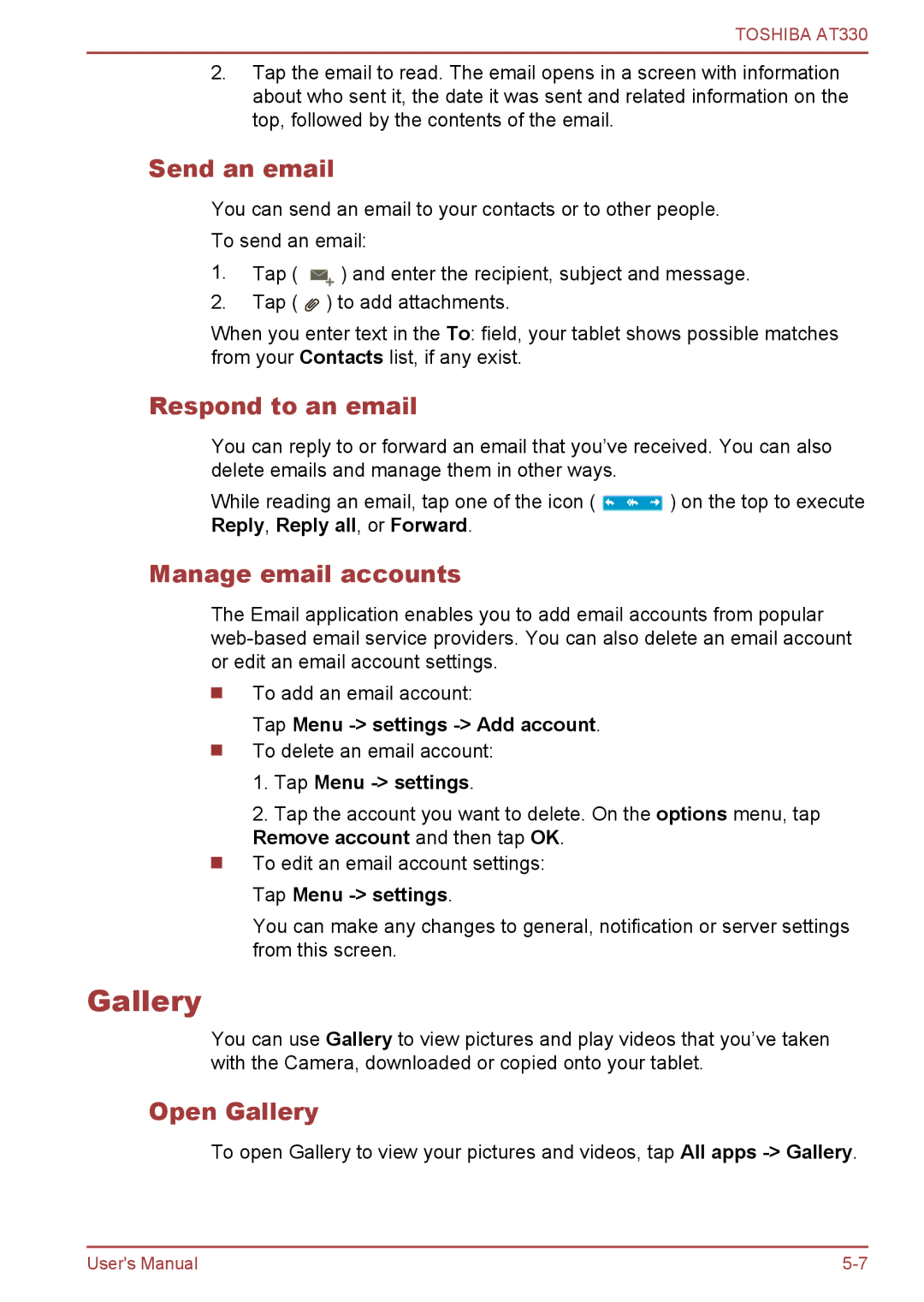 Toshiba at330 user manual Send an email, Respond to an email, Manage email accounts, Open Gallery 