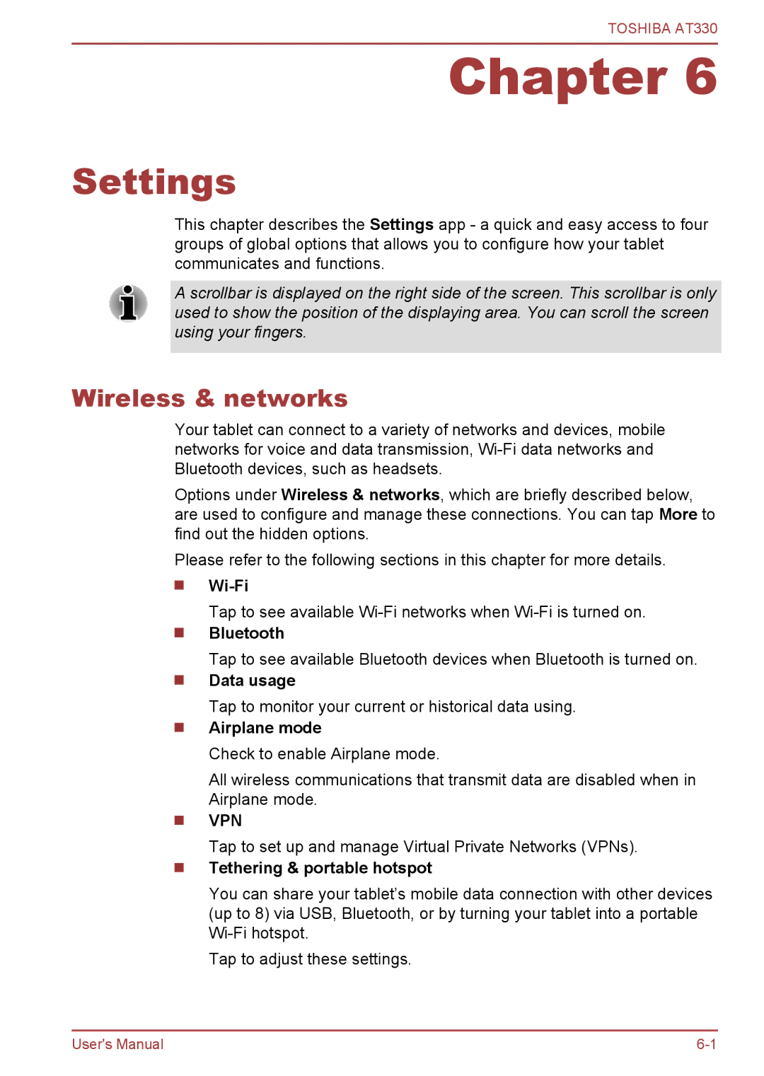 Toshiba at330 user manual Settings, Wireless & networks, Data usage, Tethering & portable hotspot 