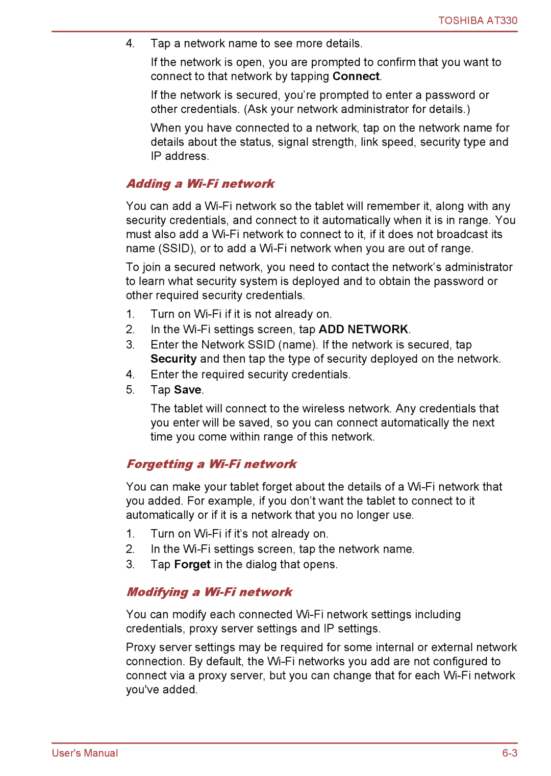 Toshiba at330 user manual Adding a Wi-Fi network, Forgetting a Wi-Fi network, Modifying a Wi-Fi network 