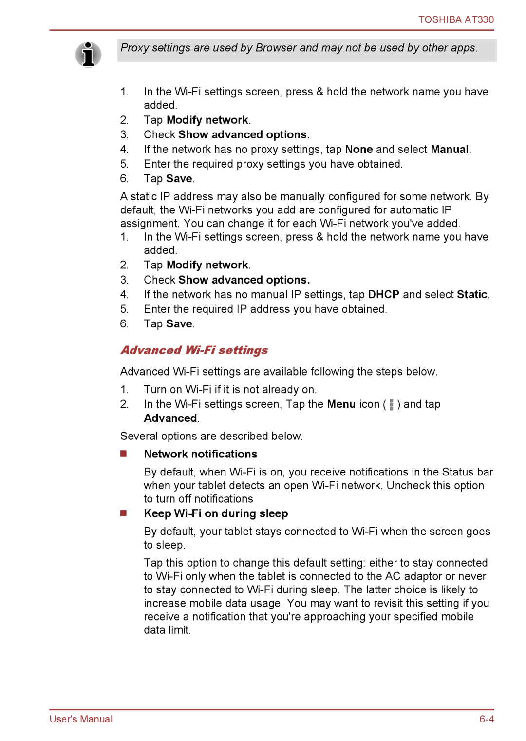 Toshiba at330 user manual Tap Modify network Check Show advanced options, Advanced Wi-Fi settings, Network notifications 