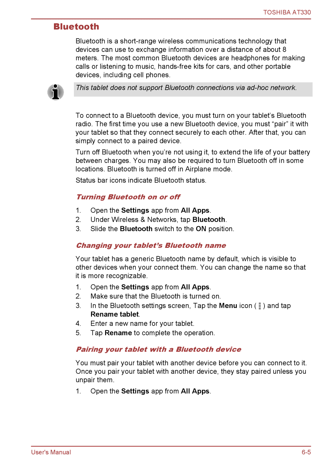 Toshiba at330 user manual Turning Bluetooth on or off, Changing your tablet’s Bluetooth name 