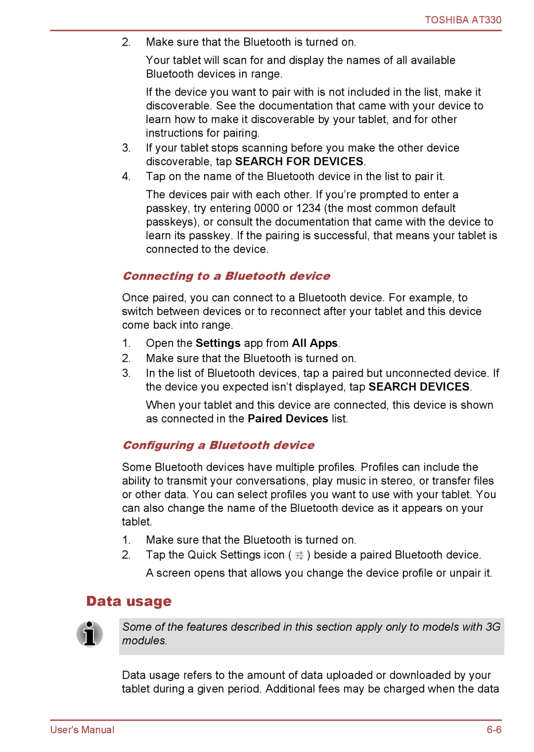 Toshiba at330 user manual Data usage, Connecting to a Bluetooth device, Configuring a Bluetooth device 