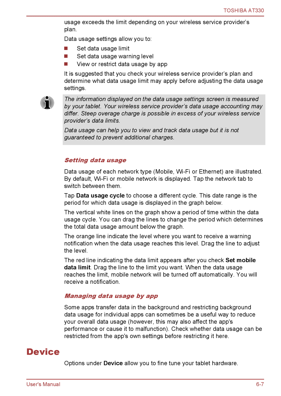 Toshiba at330 user manual Device, Setting data usage, Managing data usage by app 